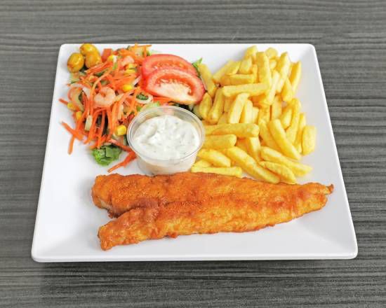 Battered fish with fries, salad and sauce