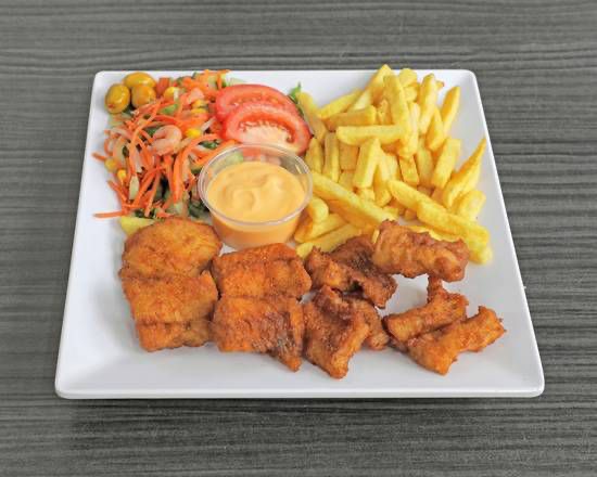 Kibbeling fish bites with French fries